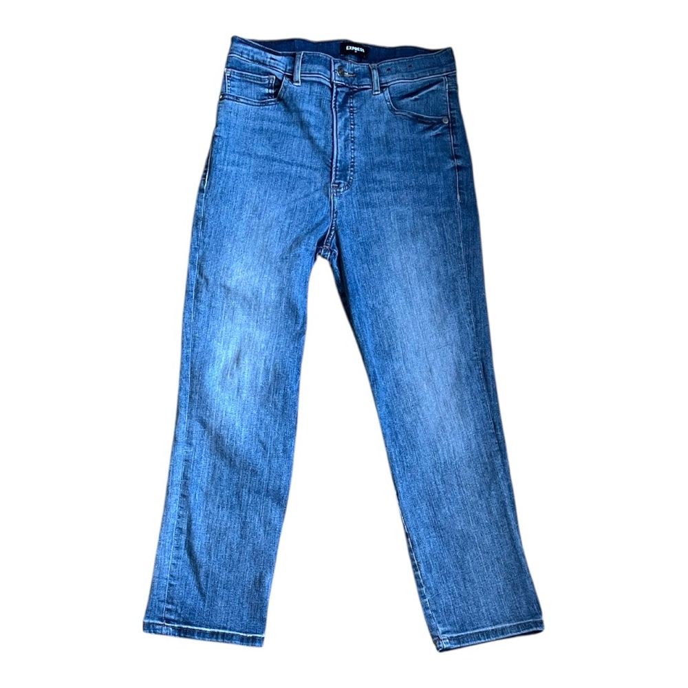 Women’s Express High Rise Straight Stretch Blue Denim Jeans, Size 8R
